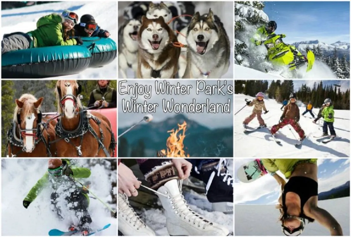 Children and families are playing in the snow, with activities like snow tubing, dog sledding, skiing, and snowboarding happening around a fire pit. The mood is lively and joyful, emphasizing outdoor winter fun with both kids and pets participating.