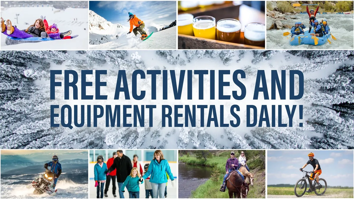 A vibrant outdoor scene capturing families and friends engaging in various adventures—skiing, snowboarding, rafting, biking, and savoring local food and drinks—all framed by the majestic Rocky Mountains. The energy of the activities is palpable, illustrating the variety of complimentary adventures available in Winter Park.