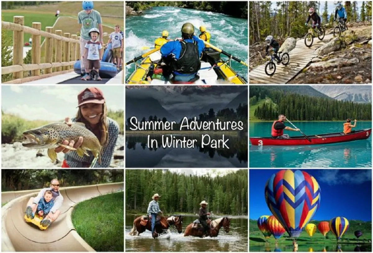 This dynamic exterior image captures families and groups enjoying a multitude of summer activities in a lush mountain setting, including white-water rafting on a rushing river, biking on trails, fishing, horseback riding, and colorful hot air balloons overhead. The scene is vibrant and full of action, set against a backdrop of green landscapes and dramatic mountains.